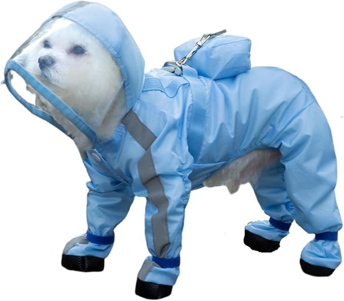 Full Coverage Small Dog Raincoat, Waterproof with Four-Leg Protection, Ideal for Teddy Bears, Includes Waterproof Mini Backpack (Blue, XX-Large(Suggest Weight 16.6-22lb))