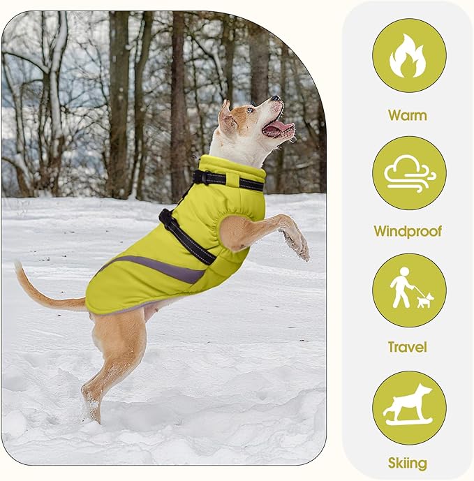 BRKURLEG Dog Winter Jackets for Large Dogs, Dog Coat with Harness Built in, Dogs Snowsuits with Zipper, Waterproof Windproof Pet Puffer Jacket Fleece Vest for Beagle, Pitbull, Green XL