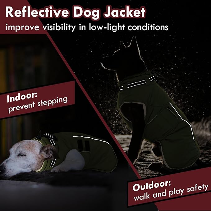 Dog Jackets for Large Dogs, Waterproof Winter Coat with Harness Built-in, Reflective Adjustable Hook&Loop Snow Jacket, Warm Fleece Snowsuit for Dogs Pit Bull Weimaraner Boxer, XXL Green