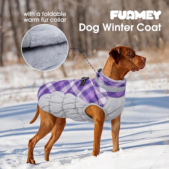 FUAMEY Dog Coat for Medium Dogs,Waterproof Dog Winter Jacket with Harness Built in Puppy Cold Weather Coats Reflective Pet Vest with Zipper Warm Fleece Dogs Snowsuit Windproof Purple Plaid M