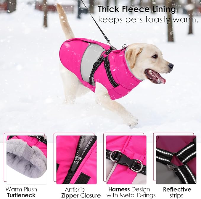 AOFITEE Dog Coat, Waterproof Dog Jacket Winter, Dogs Coat with Harness Built in, Warm Dogs Puffer Jacket with Zipper, Reflective Pet Snowsuit Sweater for Dachshund, French Bulldog, Boston Terrier, M