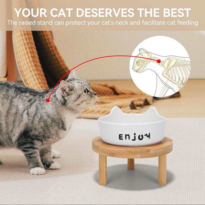 3PCS Elevated Cat Bowls,Wide Raised Ceramic Pet Dishes with Bamboo Stand, Whisker Friendly Pet Water or Food Plates Feeding Station for Indoor Small Dogs, Kitten (White(1PCS))