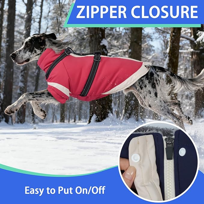 MIGOHI Dog Coat with Harness Built in, 2-in-1 Thermal Water-Resistant Dog Jacket, Windproof Reflective Snowsuit for Extra Large Dogs with High Collar, German Shepherd, Pink, 3XL