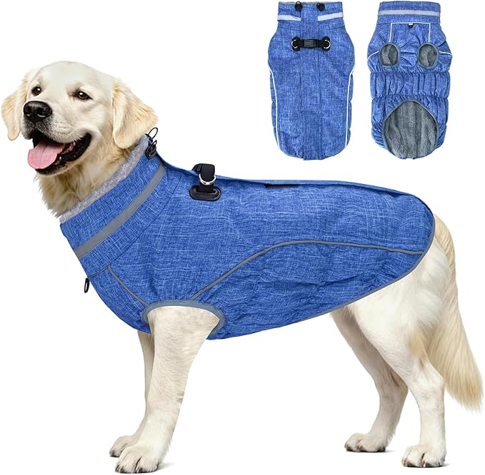 Malier Dog Coat, Reflective Dog Jacket Waterproof Windproof Puppy Cold Weather Coats with Harness Built in, Winter Extra Warm Pet Coat Fleece Vest for Small Large Pets and Puppy (Blue, XXX-Large)