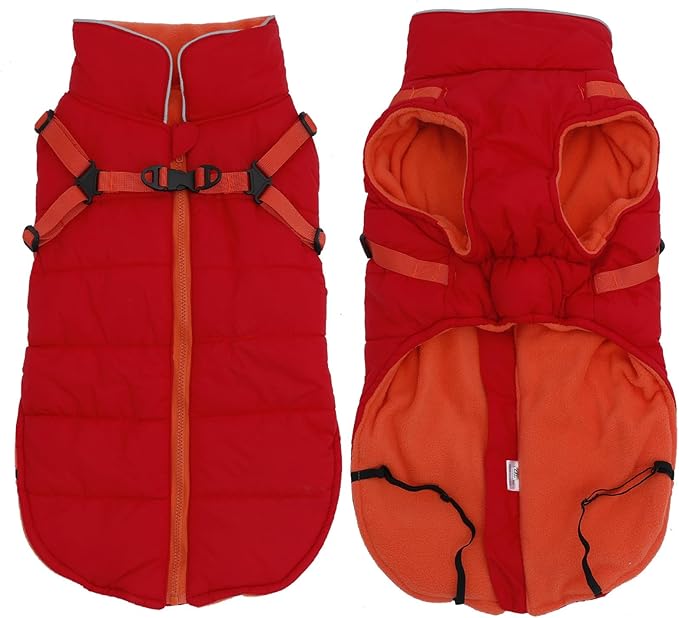 Geyecete Winter Warm Coat Waterproof Dog Winter Jacket with Harness Traction Belt,Windproof Pet Outdoor Jacket Dog Autumn-Red-L