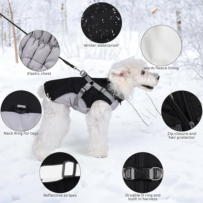Gyuzh Dog Coat with Harness Dog Jacket Winter Waterproof Dog Coats Dog Harness Coat Cold Weather Winter Dog Coat with Harness Built in for Small Medium Large Dogs