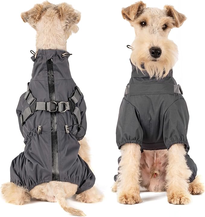 Mile High Life Waterproof Dog Raincoat, Full Coverage Small Dog Rain Coat with Harness, Adjustable 4 Legs Puppy Rain Jacket with Reflective Strip and Elastic Cuffs (Gray, XS Back Length 11.4")