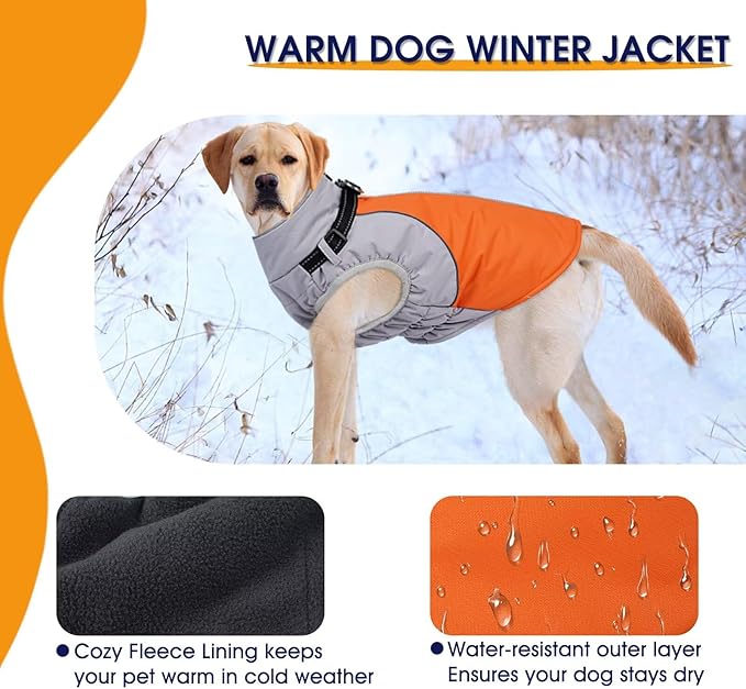 Dog Coat with Harness Built in,Water-Repellent Dog Jacket Christmas Puppy Winter Coat with Reflective,XS Doggy Winter Jacket with Zipper,Soft Pet Fleece Snow Jacket for Small Dogs,Orange,XS