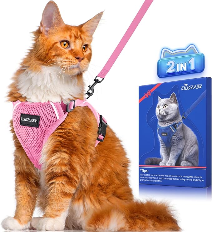 Halypet Cat Harness and Leash Set [ MAX Safety Third Generation ] Escape Proof Soft Adjustable Cat Leash Breathable Comfortable Vest Easy to Wear Kitten Harness for Outdoor Walking