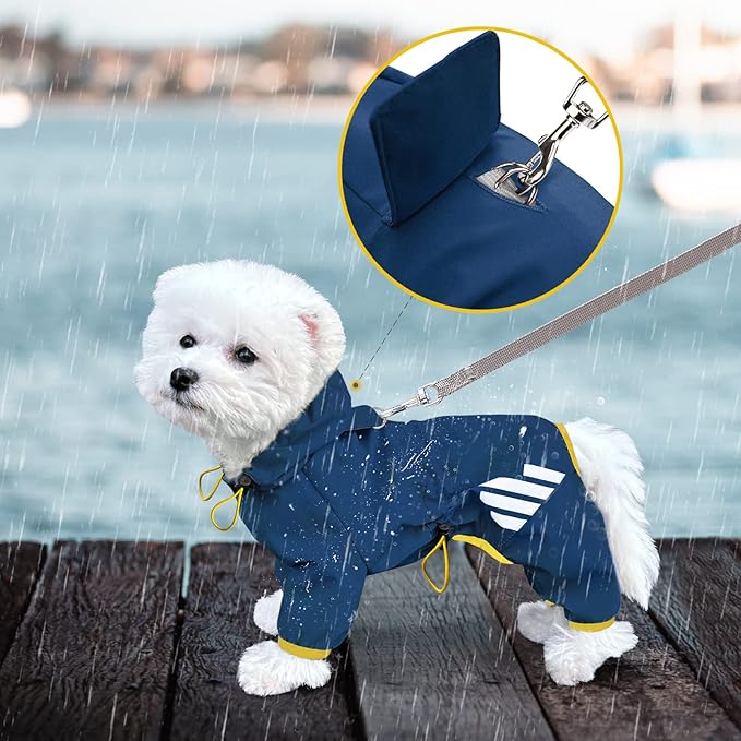 Dog Raincoat, Waterproof Dog Rain Jacket with Hood, Rain Coat with Leash Hole, Reflective Strap for Small Medium Dogs, Lightweight Puppy Clothes(Blue,L)