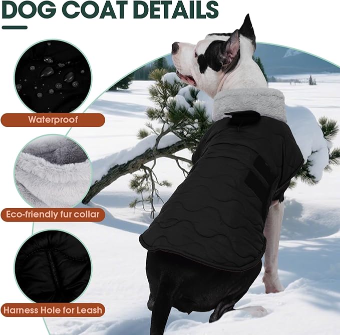 Kuoser Large Dog Coat, Winter Waterproof Dog Jackets for Large Dogs, Doggie Vest with Leash Hole, Cold Weather Coats Pet Snow Jacket for Labrador Beagle, Black XXL