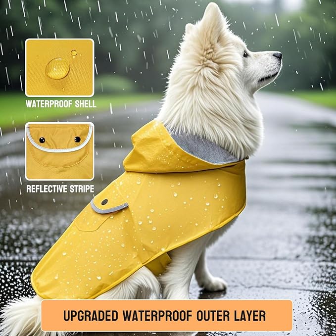 Small Dog Raincoat Dogs Rain Jacket Reflective Poncho Rainwear Waterproof Pet Clothes Warm Lined Pocket Hooded Leash Hole Adjustable for Puppy,Yellow,S,Back Length 8.3 Inch