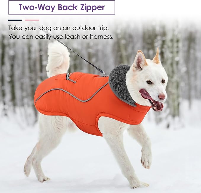 SUNFURA Dog Winter Coat, Medium Dog Coat Jacket with Fleece Lining for Cold Weather, Warm Puffer Jacket Turtleneck Snowsuit with Leash Hole for Jack Russel, Boston Terrier, Orange M