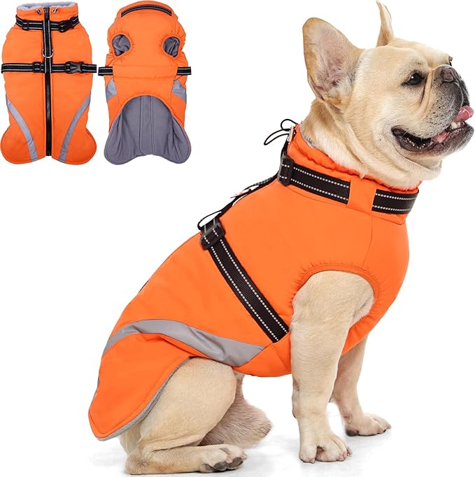 QBLEEV Small Dog Coat, Dog Jackets for Small Dogs, Winter Warm Waterproof Chihuahua Cold Weather Vest with Harness, Windproof Puppy Yorkie Reflective Fleece Dogs Snowsuit for Maltese, Orange, S