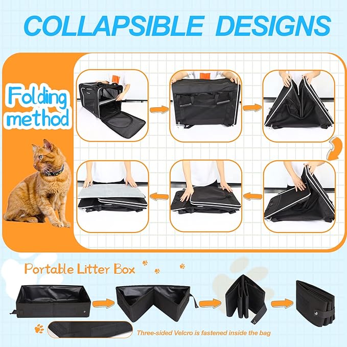 Petskd Extra Large Cat Carrier with Litter Box 24"x17"x17" for Medium Large Cat or 2 Small Cats, Collapsible Soft Sided Pet Carrier for Car Travel with Lockable Safety Zippers(Black)