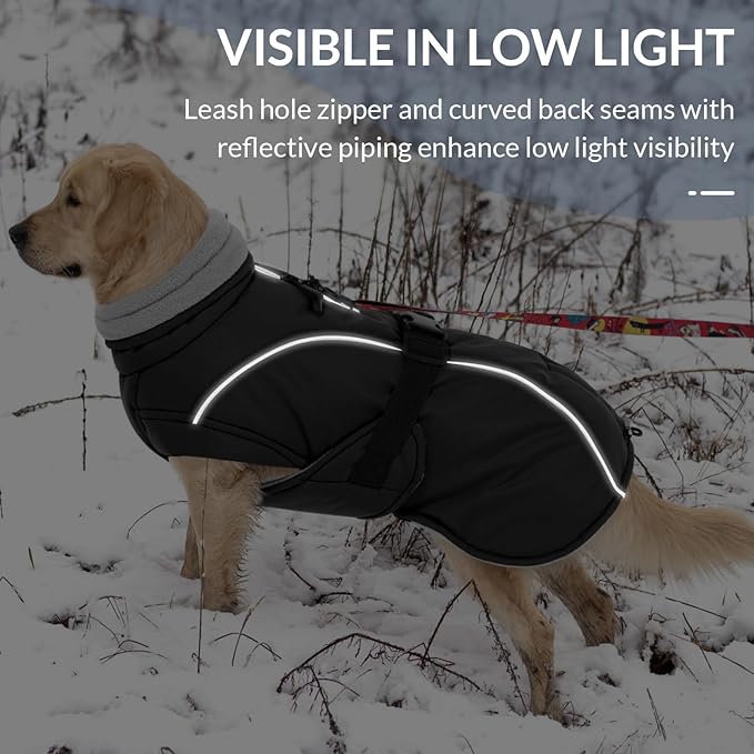 Queenmore Winter Dog Coat Warm Dog Jacket Vest Waterproof Puffer Fleece Snowsuit Adjustable Buckle Leash Hole Reflective Cold Weather Parka for Small Medium Large Dogs Girl Boy Black XXXL