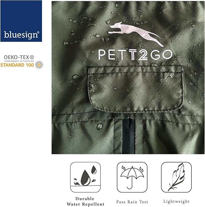 Dog Lightweight Windbreaker, Dog Outdoor 4-Legs Jacket, 0.5 lbs,Durable Water Repellent, Hooded, Easy on/Off with Collar and Harness, Reflective, Packable,Dark Olive - XLarge (Male)