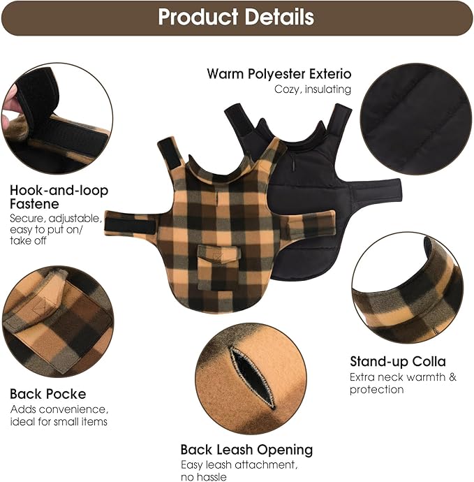 ASENKU Dog Winter Jacket Plaid Reversible Vest, Waterproof Dog Coat for Cold Weather, Perfect for Small to Large Dogs (Coffee, 3XL)