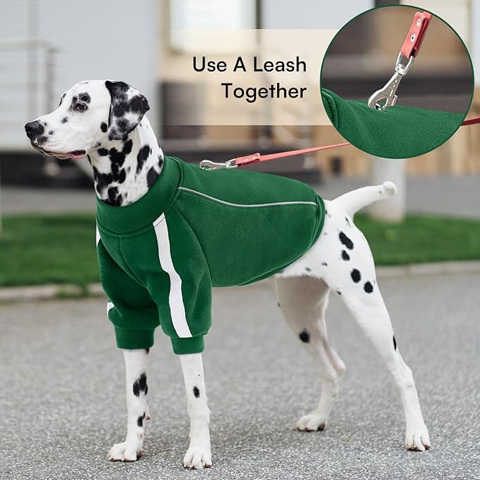 Queenmore XXL Christmas Dog Sweater, Cozy Fleece Dog Sweatshirt, Warm Winter Fleece Jacket for Small, Medium & Large Dogs with Leash Hole/Reflective Stripes Green