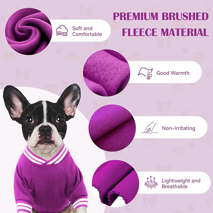 Dog Sweaters for Small Dogs, Brushed Fleece Dog Sweater Baseball Jacket Pet Clothes Soft Warm Sweatshirt Puppy Sweater Boy Girl Pet(Purple-S)