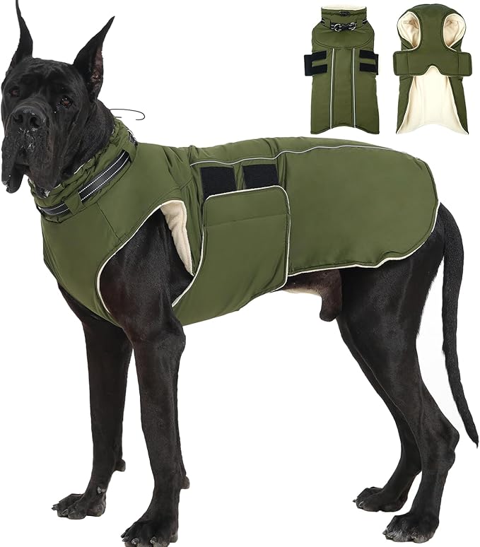 Dog Jackets for Large Dogs, Waterproof Winter Coat with Harness Built-in, Reflective Adjustable Hook&Loop Snowsuit, Warm Cold Weather Coats for Big Dogs Great Dane Doberamn, XXXXL Green