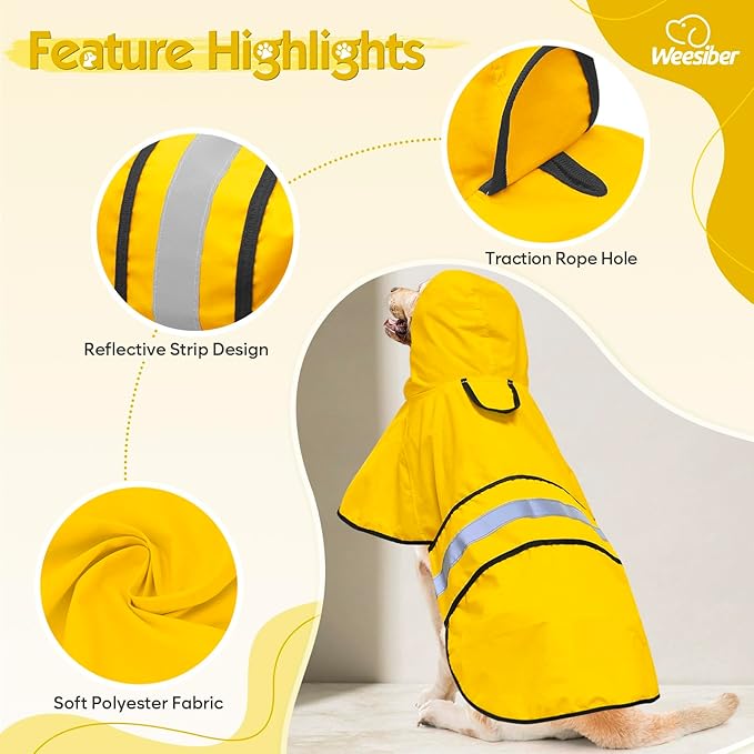 Dog Raincoat - Waterproof Dog Rain Jacket with Leash Hole, Reflective Pet Rain Coat Adjustable Doggy Slicker Poncho for Dogs Walking(L, Yellow)