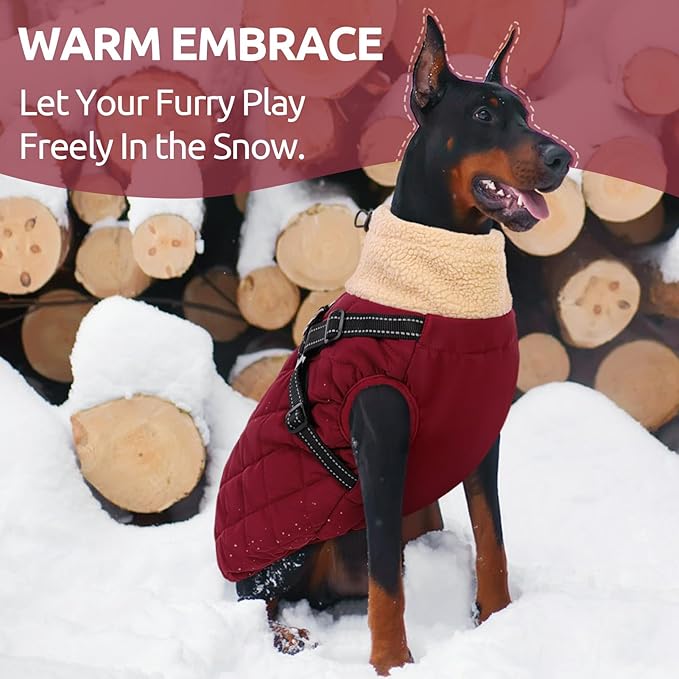 Queenmore Dog Jackets for Large Dogs, Dog Coat with Harness Built-in, Thick Fleece Lining Waterproof Jacket for Large Breeds, Back Zipper Pet Winter Jacket for Retriever, Labrador, Burgundy XL