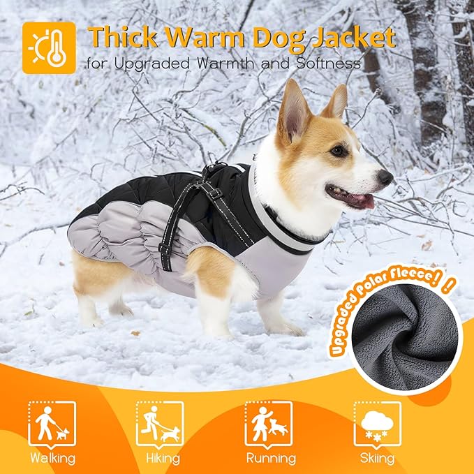 Dog Winter Coat with Harness, Dog Jacket, Pet Clothes with Zipper on Back, Waterproof Windproof Warm Vest, Reflective Cold Weather Coats, for Small Medium Large Dogs, Thick, Black, M