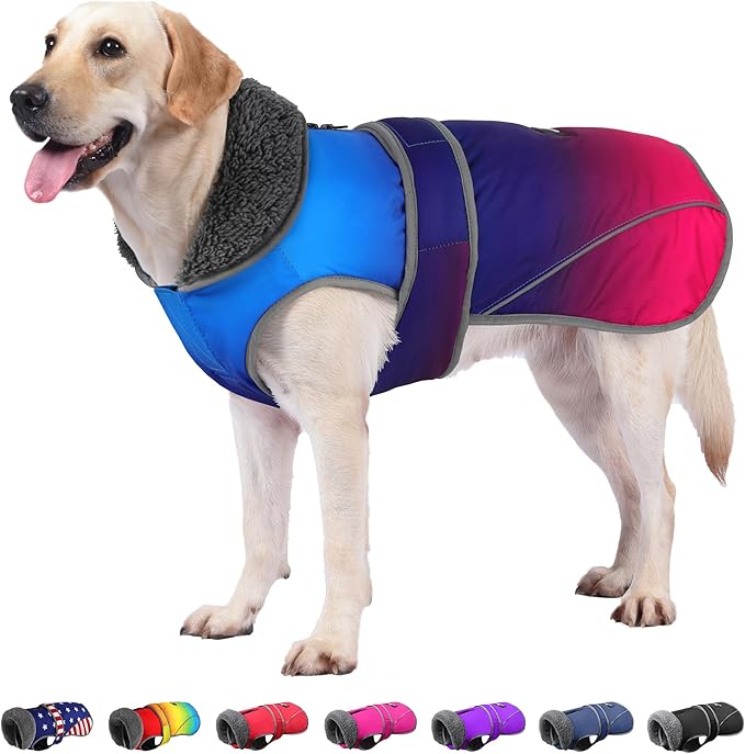 Dogcheer Dog Coat, Waterproof Dog Jacket Reflective Pet Winter Coat with Adjustable Hook & Loop, Christmas Puppy Fleece Jacket Warm Snowsuit for Small Medium Large Dogs - Gradient Blue-red, S