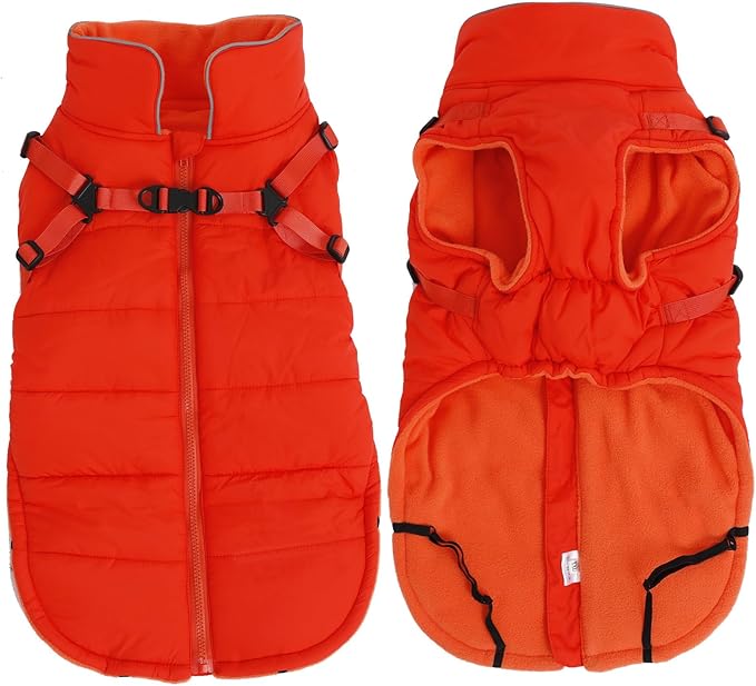 Geyecete Winter Warm Coat Waterproof Dog Winter Jacket with Harness Traction Belt,Windproof Pet Outdoor Jacket Dog Autumn-Orange-XXL