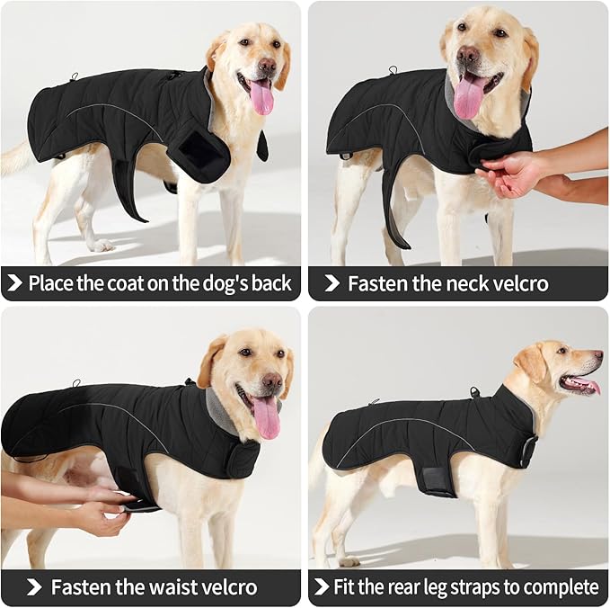 HEYWEAN Dog Winter Coat - Waterproof Windproof Reflective Vest for Medium & Large Breeds Adjustable Warm FleeceLined Jacket with Magic Tape & D-Ring for Leash Cold Weather Apparel (Black, Large)