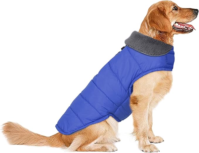 Dog Winter Coat, Waterproof Dog Jacket with Leash Hole, Reflective Adjustable Pet Snow Vest, Warm Fleece Sweater for Small Medium Large Dogs - Blue, L