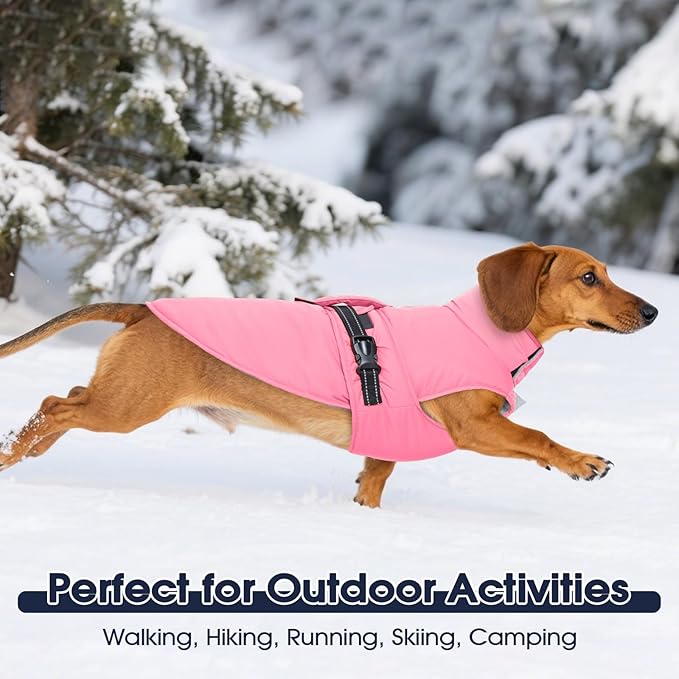 IECOii Dog Cold Weather Coats - Reflective, Adjustable & Windproof Snow Jacket for French Bulldog & Corgi, Waterproof Warm Vest with Fleece Lining for Outdoor Adventures, Pink, Size L