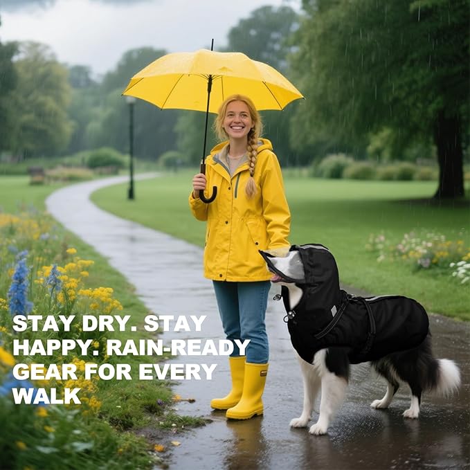 Dog Raincoat XL, Waterproof Rain Jacket for Dogs with Adjustable Built-in Harness & Back Zipper, Reflective Strip, Removable Hood,for Rainy Walks, Muddy Roads or After-Bath Outings - Black
