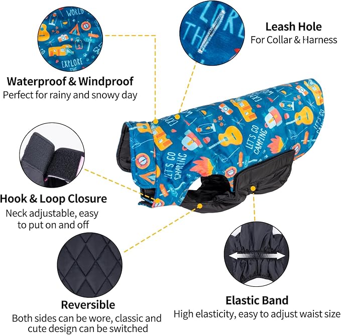 CuteBone Winter Dog Windproof Jacket Reversible Vest - Thick Soft Coat with Leash Hole for Small to Large Dogs