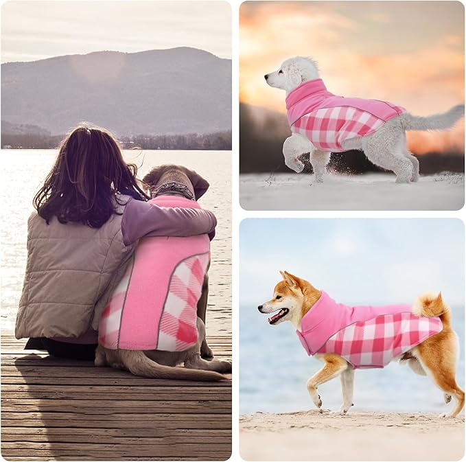 Kuoser Dog Winter Coat, Reversible Waterproof Dog Jacket with Reflective Strip, Warm Dogs Fleece Vest Adjustable Doggy Cold Weather Clothes Plaid Christmas Outfit Pet Apparel for Small Dogs, Pink S
