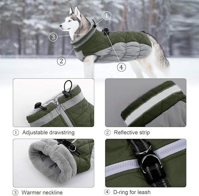 Lelepet Dog Coat Warm Dog Winter Coat Waterproof Dogs Jacket with Harness Built in Reflective Pet Fleece Vest Zip-Up Cold Weather Coats for Large Dogs Turtleneck Windproof Coats Pitbull Army Green 2XL