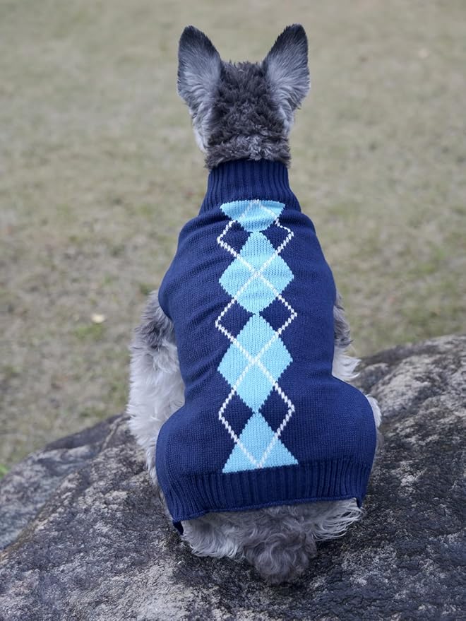 Alemon Blue Argyle Cable Knit Turtleneck Sweater for Medium Dogs Knitwear Girl Boy Dog Sweater Back Length 19"