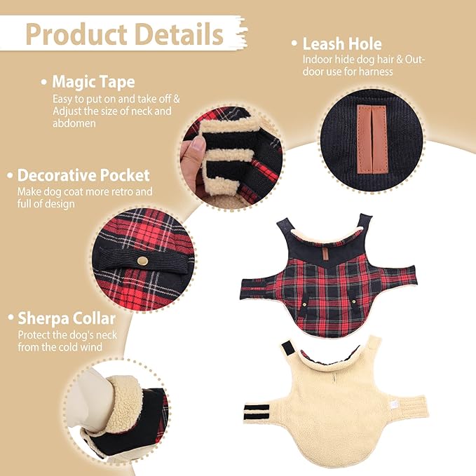 Winter Coat for Small and Medium Dogs, Puppy Plaid Jacket, Warm Coat for Cold Weather, Windproof Warm Dog Garments, Pet Thickened Outfits Indoor Outdoor, Red M