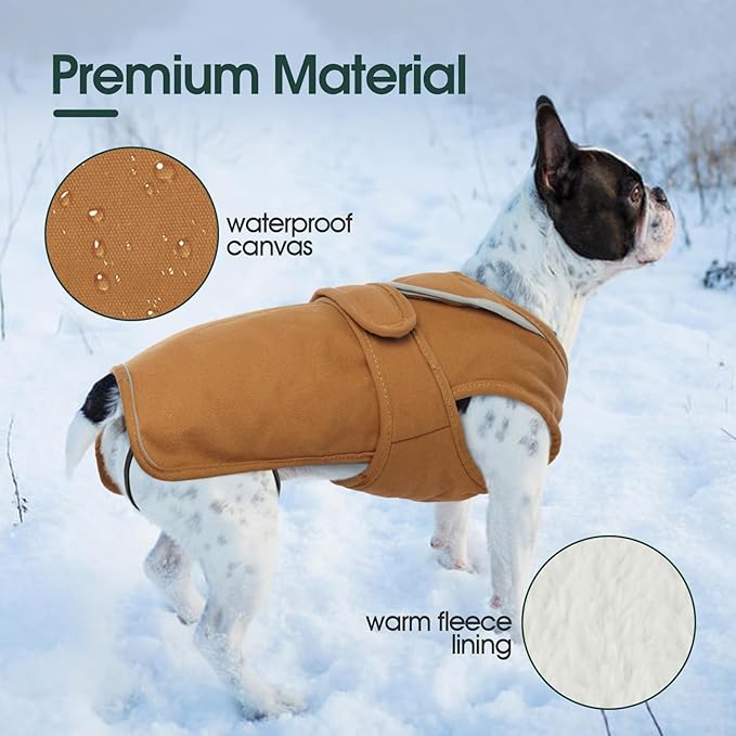 Kuoser Canvas Dog Coat, Warm Dog Jacket Reflective Fleece Pet Cold Weather Coat, Warm Doggie Clothes Waterproof Winter Vest with Zipper Leash Hole for Small Medium Large Dogs, Brown XL