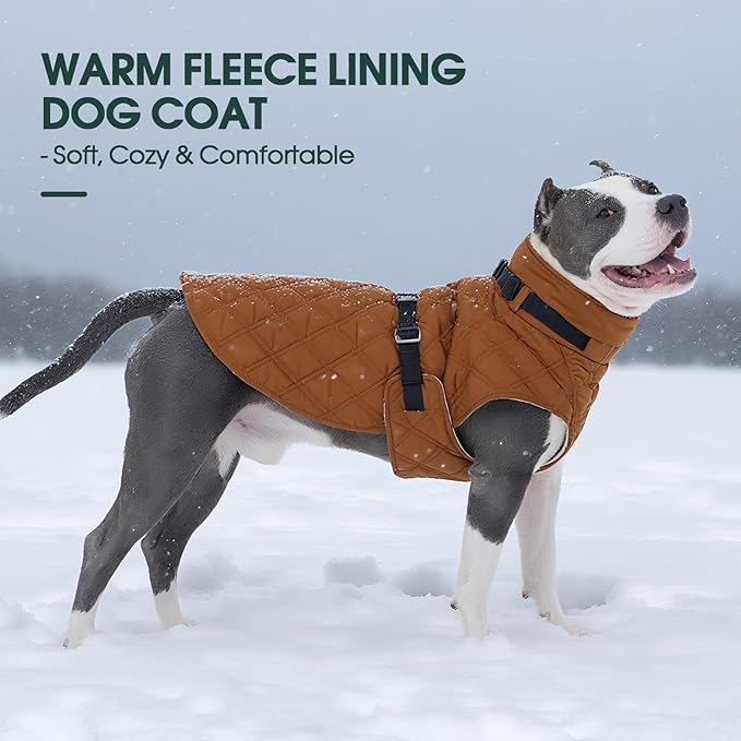 Kuoser Dog Coat Warm Fleece Lining Turtleneck Dog Jacket with Harness Built-in, Adjustable Windproof Cold Weather Coats with Quick Release Buckle Pet Winter Snowsuit for Small Dogs, Khaki S
