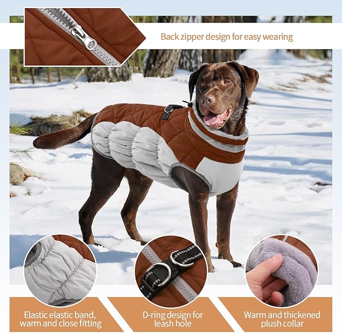 Dog Jackets for Medium Dogs,Medium Dog Coat,Warm Pet Winter Coat Zip Up Back,Waterproof Dogs Jacket with D-Ring,Pet Cold Weather Coats with Fleece Lined, Snowsuit Pug Boston Terrier,Brown,M