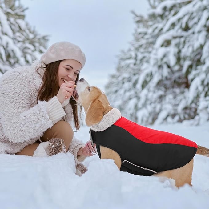 Warm Dog Coat,Waterproof Jacket in Winter Adjustable and Reversible Doggy Fleece Outfit,Thick Clothes with Foldable Collar for Puppy in Cold Days,3XL Red