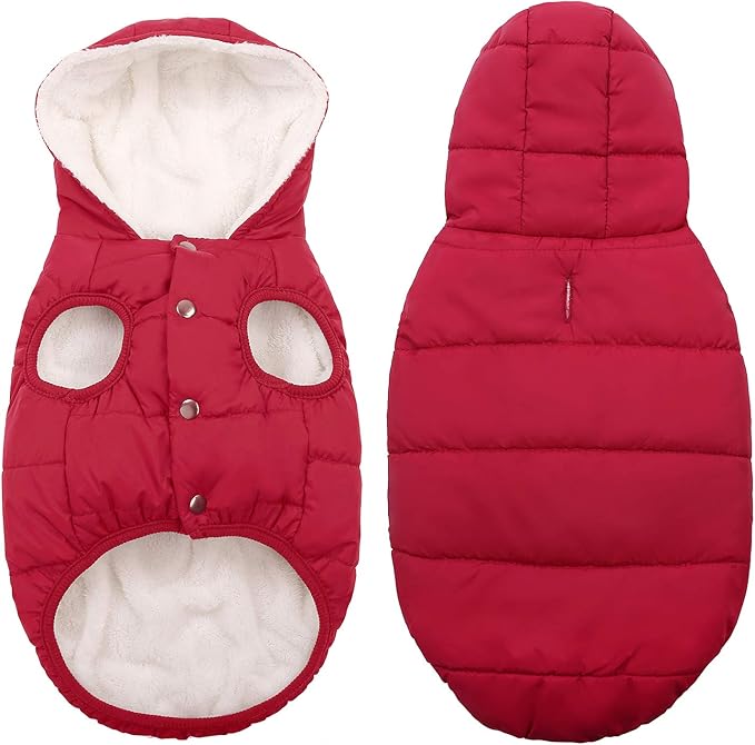 Fleece Hoodie, Windproof Waterproof Coat, Winter Warm Jacket, Cold Weather Pet Apparel Clothes Vest for Small Medium Large Dogs (3XL, Red)