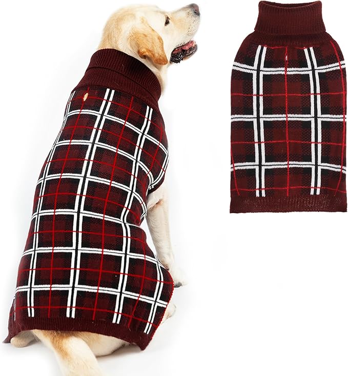 PUPTECK Dog Christmas Sweaters for Large Medium Small Dogs - Fall Classic Plaid Style Puppy Holiday Winter Coat Clothes Warm, Deep Red, ML