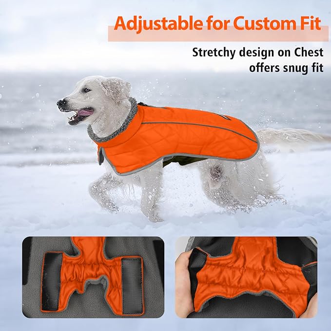 Fragralley Dog Coat Large, Waterproof Dog Jacket with Warm Fleece Lining, Adjustable Reflective Dogs Winter Coat, Turtleneck Pet Coats for Cold Weather (Orange L)