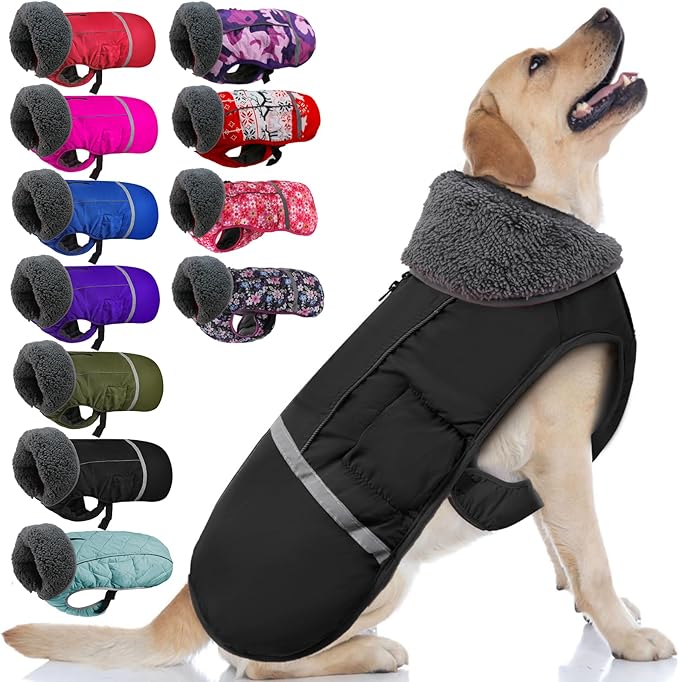 Doglay Dog Coat, Waterproof Dog Jacket Pet Winter Coat for Cold Weather with Thicken Furry Collar, Reflective Puppy Winter Jacket Warm Fleece Lining for Small Medium Large Pets