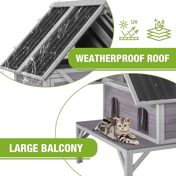 GUTINNEEN Large Outdoor Cat House 2-Story Insulated Cat House Indestructible Weatherproof Feral Cat Shelter with Openable Roof, Escape Doors for 1-6 Feral Barn Cats (Winter-Ready, 43.3"x34.3"x48.5")