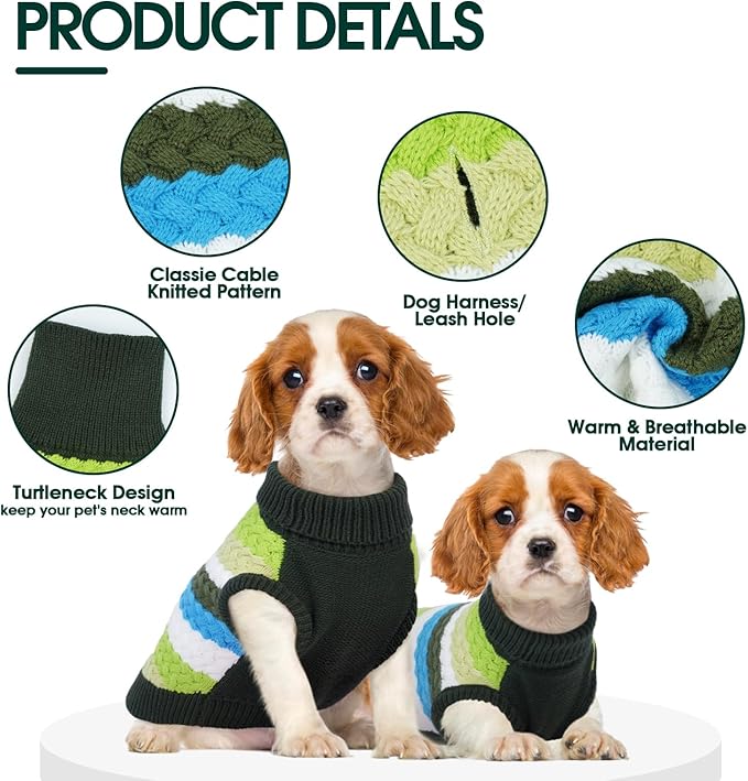 Kuoser Dog Sweater, XS Dog Sweater Pet Cable Knitted Pullover Warm Clothes, Puppy Turtleneck Classic Knitwear Soft Thickening Christmas Outfit, Cold Weather Thermal Wear for Small Dogs, Green XS