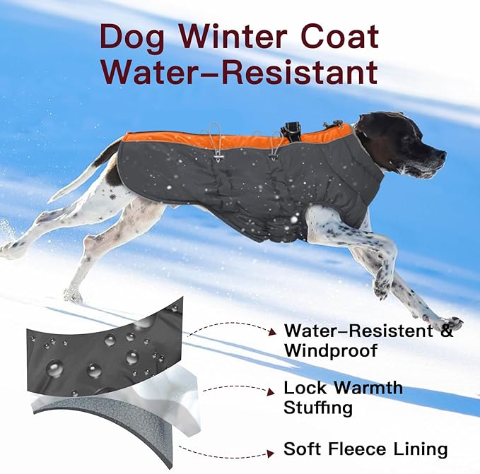 Dog Winter Jacket - 3X Large, Warm Zip Up Snowsuit Dog Harness Vest, Reflective, Water-Resistant, Orange-Gray